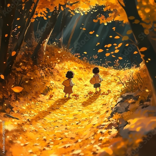 Playful Autumn Scene with Two Children Interacting Amidst Vibrant Orange Foliage in Forest