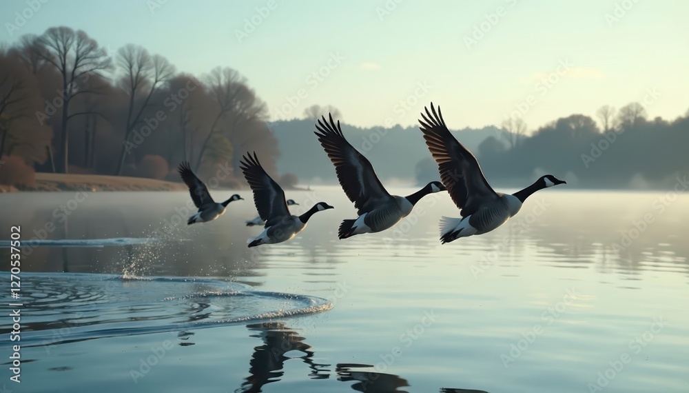 Fototapeta premium A flock of geese flying in formation over a lake, geese, landscape