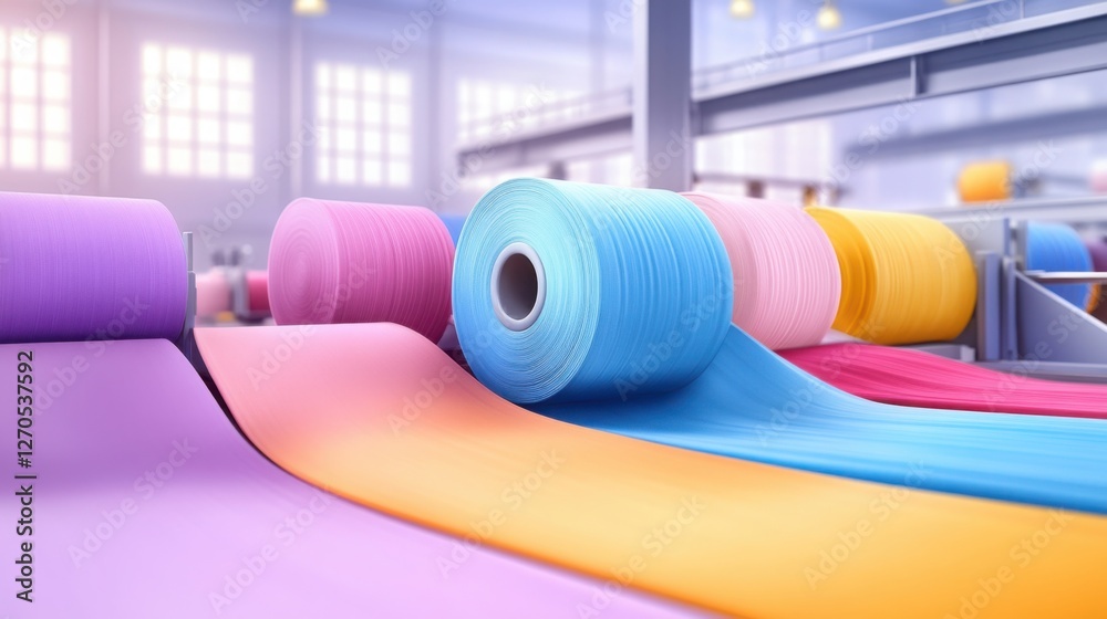 A busy textile manufacturing plant with high-speed weaving machines producing colorful fabric rolls A busy textile manufacturing plant with high-speed weaving machines producing colorful fabric rolls