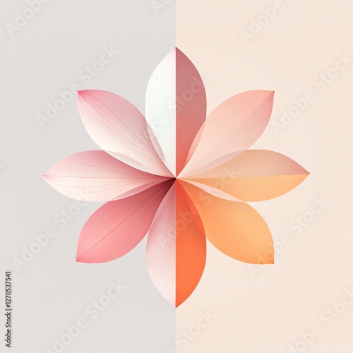 Symmetrical Flower Petal Design with Gradient Shades of Pink, White, and Orange on Split Background
