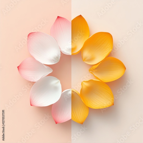 Symmetrical Arrangement of Pink and Yellow Petals on Light Peach Background