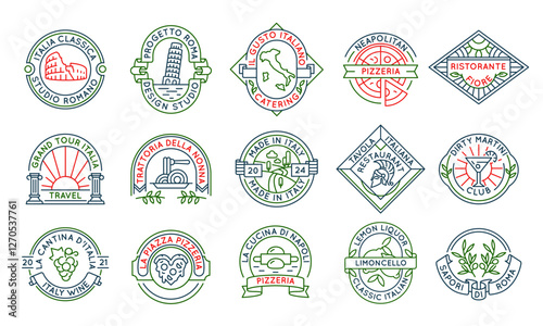 Italian cuisine and culture logos, labels, icons. A set of 15 italian logotypes. Wine, pizza, olive. For branding restaurants, travel agencies, wine bars, Italian food products. Vector illustration