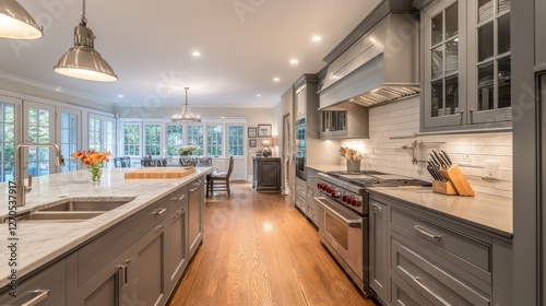 Classic minimal gray kitchen with parquet floor, modern interior design, 3d illustration