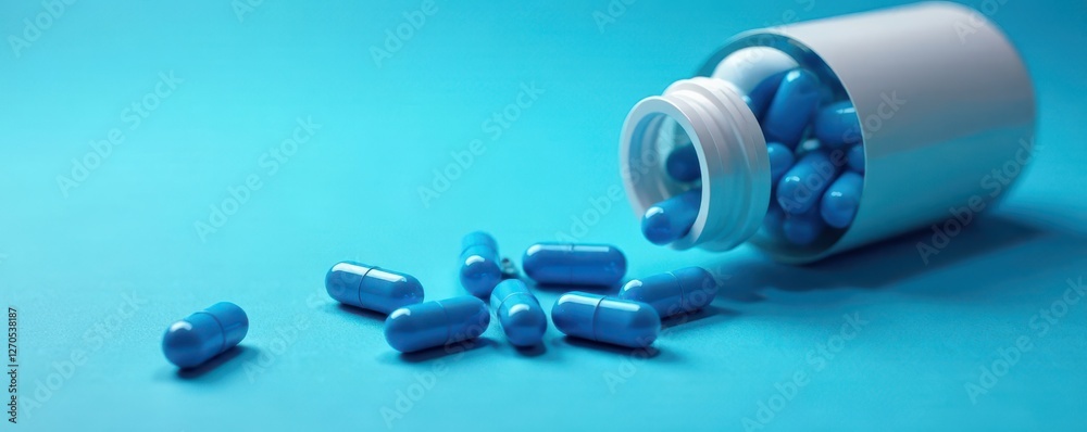 Blue capsules spilling from a bottle onto a blue background, powder, intestine