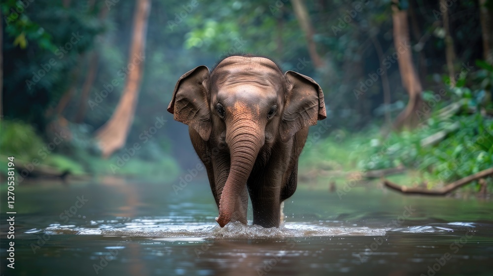 Fototapeta premium Elephant walking through water jungle wildlife photography lush environment close-up conservation awareness