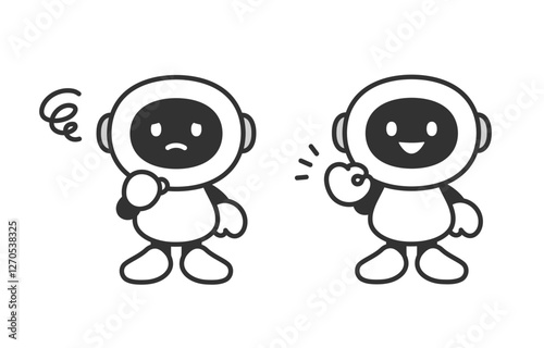 悩み･OKサインのポーズをするAIロボットのセット【ベクターイラスト素材】