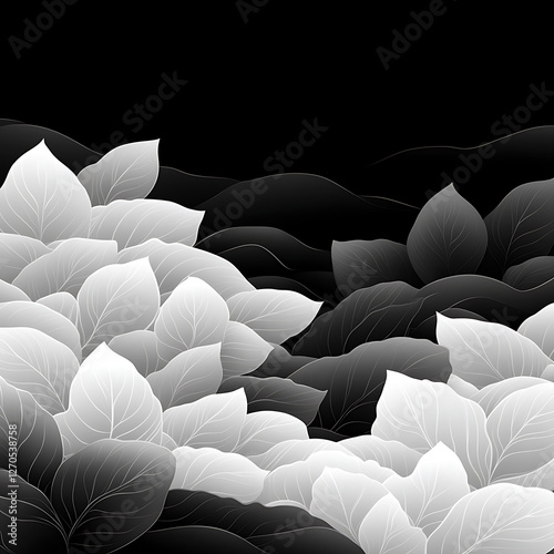 Abstract Floral Arrangement of Gradient Leaves with Hills and Dark Background Design Image Concept