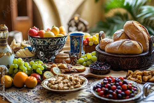 Ramadan-Themed Kitchen Setting with Fresh Fruit and Traditional Dishes. photo