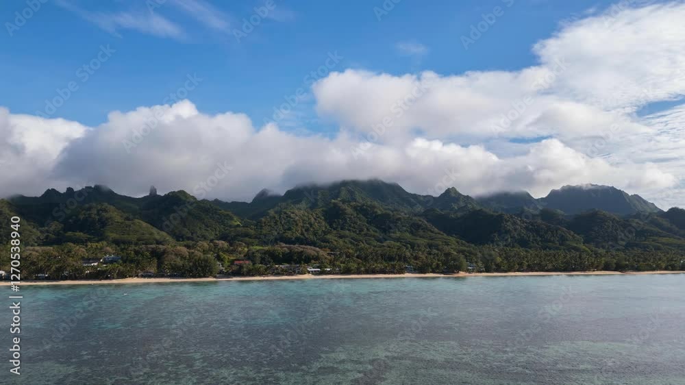 Flying Over The Blue Sea Towards The Te Rua Manga Mountain In The Cook Islands. - aerial hyperlapse Flying Over The Blue Sea Towards The Te Rua Manga Mountain In The Cook Islands. - aerial hyperlapse