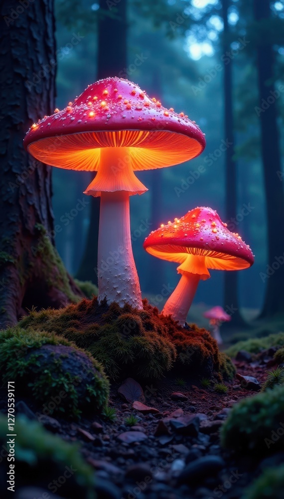 Fototapeta premium Giant luminous mushrooms cast eerie glow on ancient trees, trees, moss
