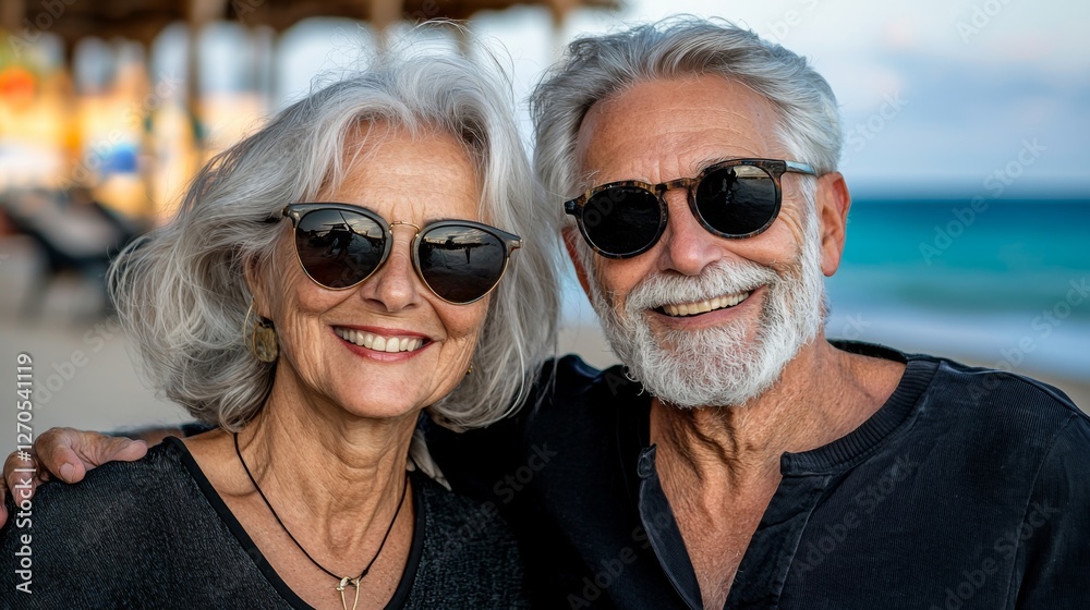 Happy couple enjoying a sunny beach day with sunglasses, smiling and posing together at the seaside Happy couple enjoying a sunny beach day with sunglasses, smiling and posing together at the seaside