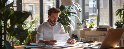 Businessman Calculating Invoice In Office, 