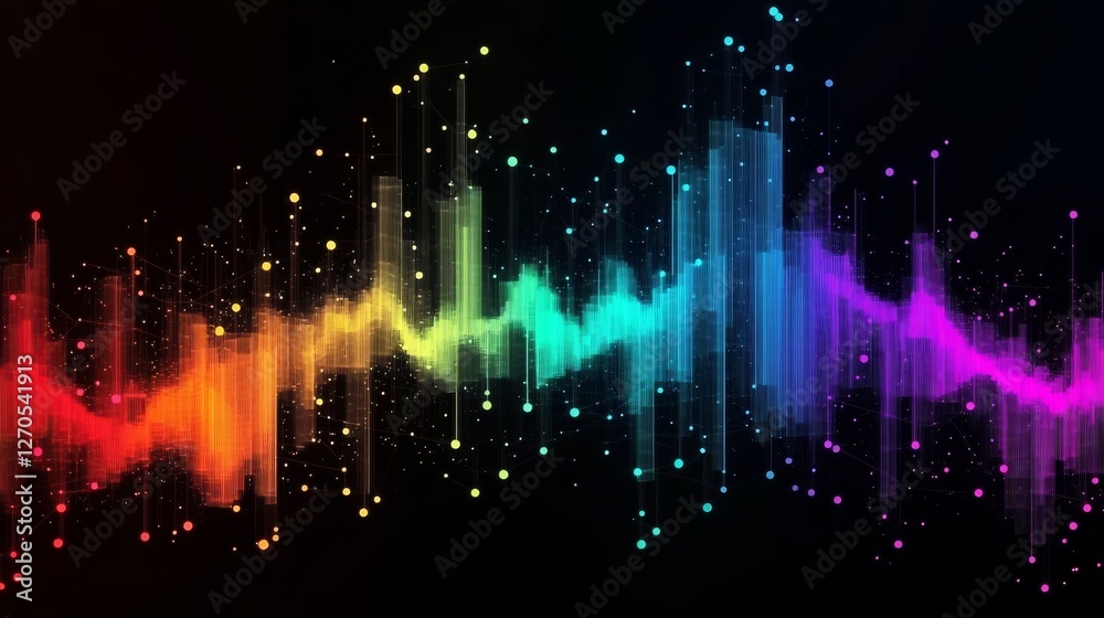 Fototapeta premium Rainbow Data Wave Abstract Composition of Glowing Lines and Nodes, Data Visualization, Abstract Background Data visualization, Abstract art