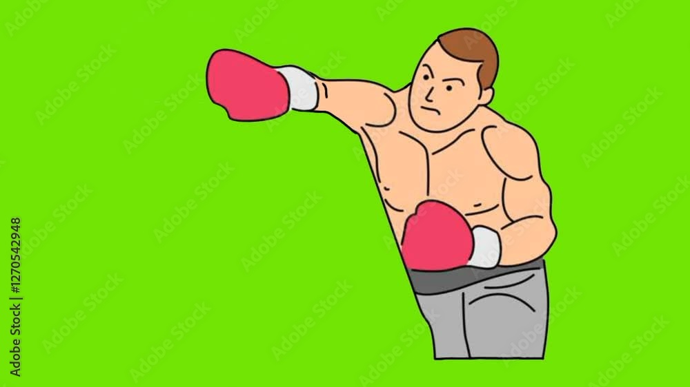 line art animation of young man boxer green background