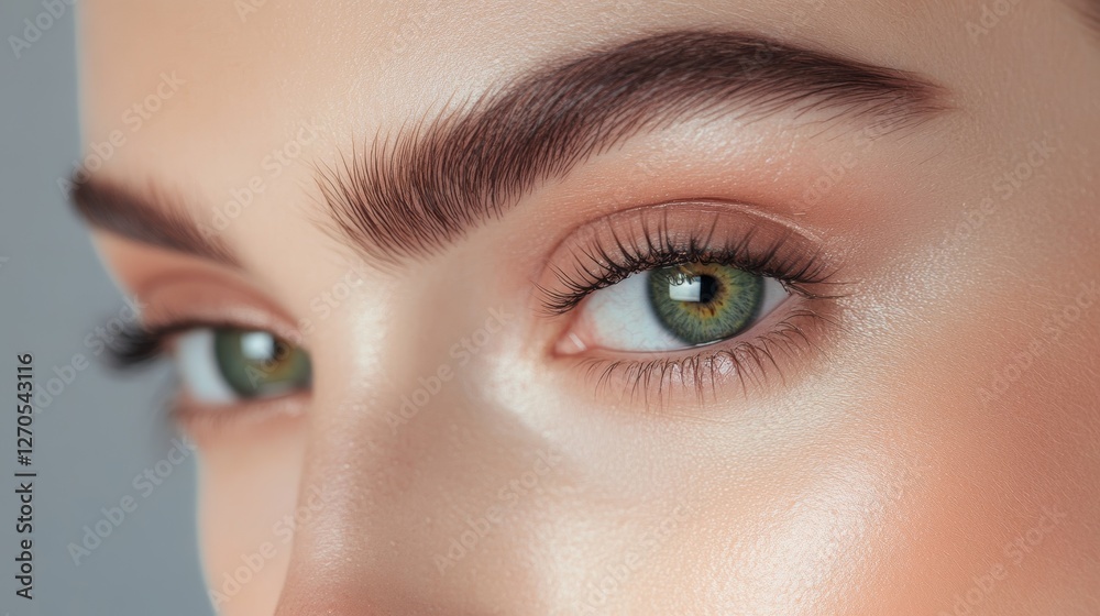 Fototapeta premium A close-up image showcasing the beautiful green eyes of a woman with natural makeup. Ideal for beauty, skincare, or eye care concepts, this high-quality photo emphasizes elegance and allure.