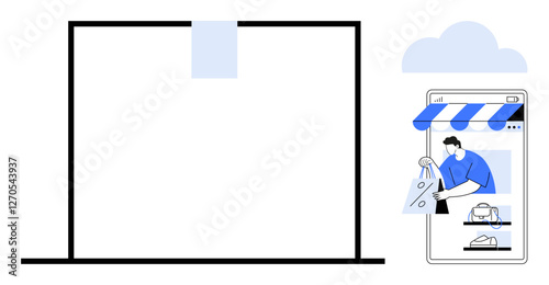 Bottom half of a store facade with a small blue awning above a person using a smartphone to shop. Staff holding shopping bags giving purchase. Ideal for e-commerce, online shopping, retail, business