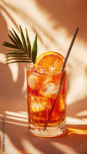 Aperol Spritz with Orange Garnish and Tropical Leaf in Dramatic