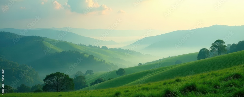 Rolling hills veiled in gentle fog, soft light filtering through , magical, hills, tranquil Rolling hills veiled in gentle fog, soft light filtering through , magical, hills, tranquil
