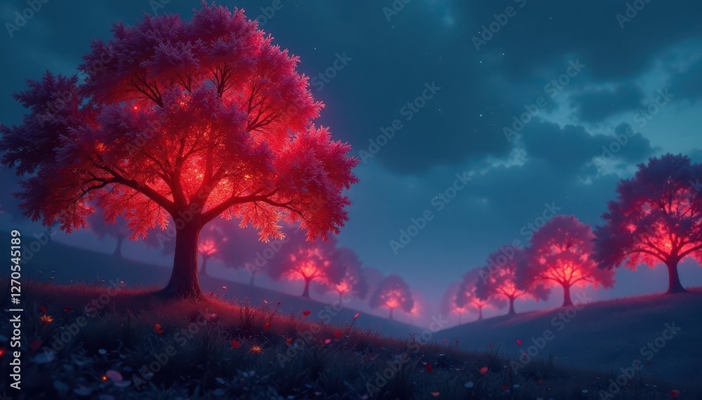 Trees with glowing leaves in a digital landscape, synthetic nature, illuminated trees, glowing Trees with glowing leaves in a digital landscape, synthetic nature, illuminated trees, glowing