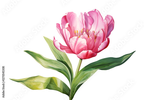 Watercolor pink tulip flower illustration with a single bloom and vibrant green leaves
