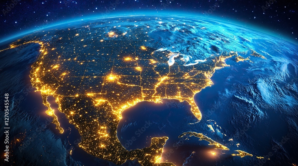 Fototapeta premium illustration of USA and North America from space at night with city lights showing human activity in United States