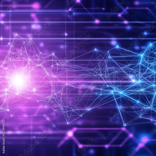 Abstract Network Connection with Digital Nodes and Glowing Light Beams on Purple Backdrop