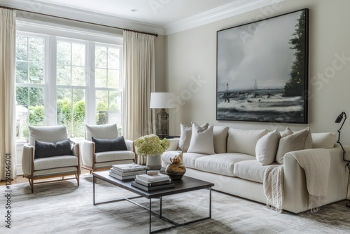 A transitional living room blending traditional warmth with contemporary clean lines. Use a neutral color palette with pops of color, mix classic and modern furniture pieces