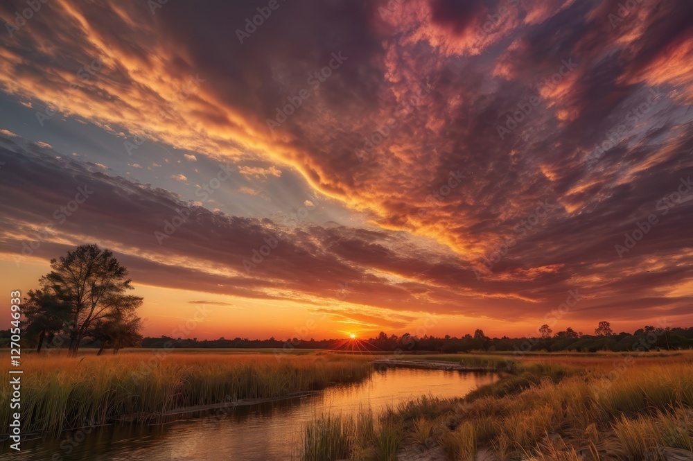 Fototapeta premium A dreamy evening sky glowing with pink and golden colors above nature 