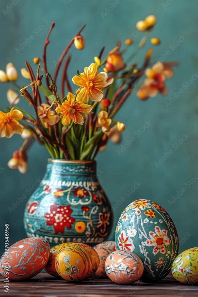 Vibrant orthodox Easter arrangement with painted eggs and floral vase. Vertical banner. Copy space Vibrant orthodox Easter arrangement with painted eggs and floral vase. Vertical banner. Copy space