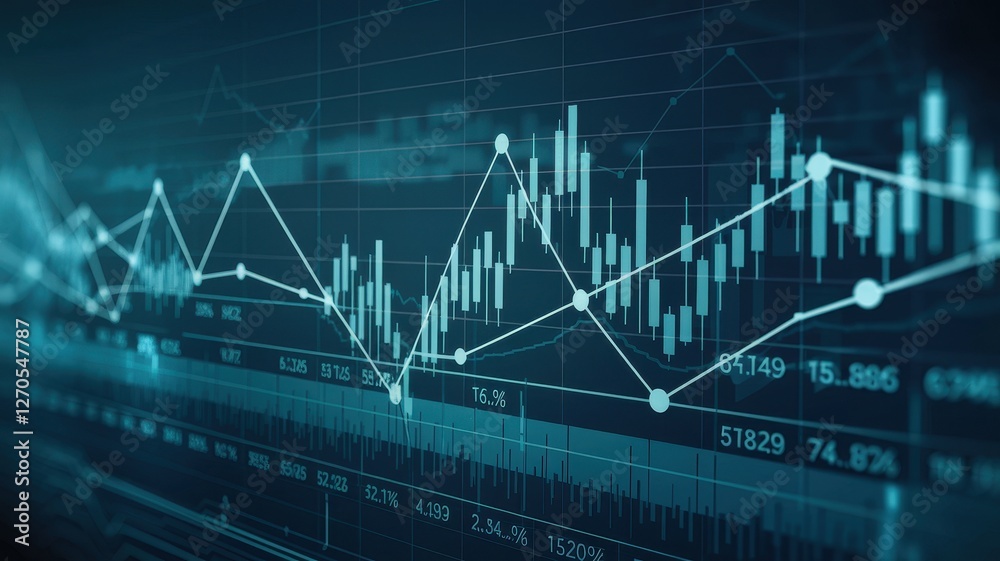Financial market analysis displayed with data trends and candlesticks Financial market analysis displayed with data trends and candlesticks