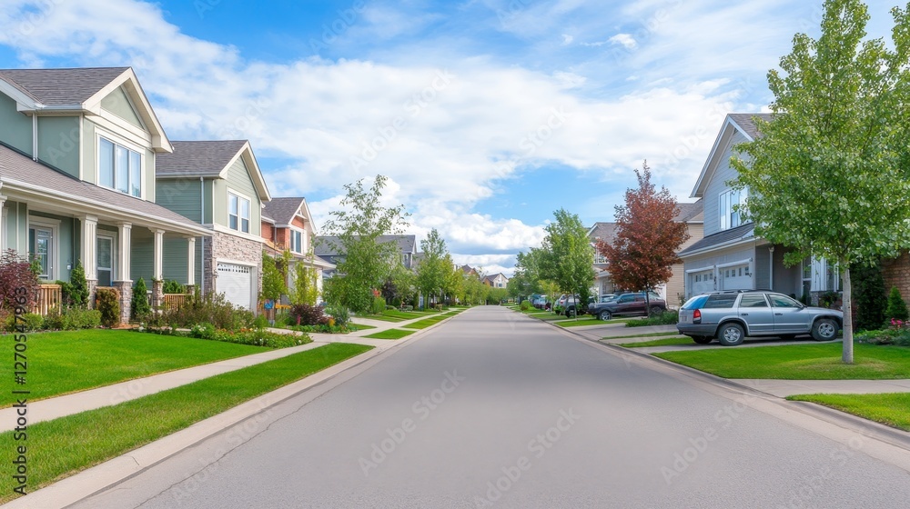 Serene suburban street lined with colorful houses and lush greenery under a bright blue sky Serene suburban street lined with colorful houses and lush greenery under a bright blue sky