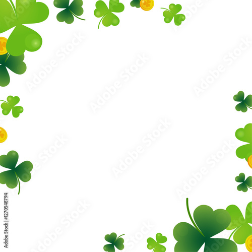 Green clover and gold coins background for St. Patrick's Day. Ornament of clover leaves and gold coins that bring good luck and happiness. Transparent background.