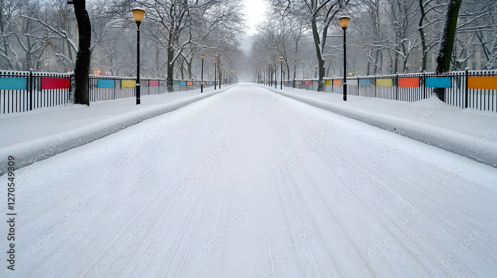 Snowy park path, colorful fences, winter scene, calm background, perfect for winter travel brochures Snowy park path, colorful fences, winter scene, calm background, perfect for winter travel brochures