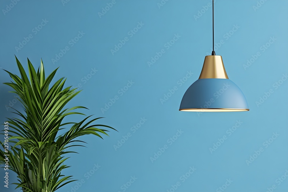 Obraz premium Blue wall, pendant lamp, plant, interior design mockup