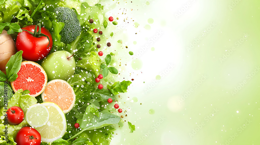 Fresh vegetables and fruits arranged beautifully on green background, showcasing vibrant colors and healthy options Fresh vegetables and fruits arranged beautifully on green background, showcasing vibrant colors and healthy options