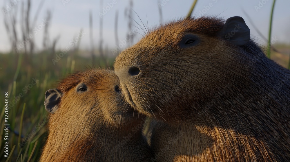 Capybara family day in nature close-up animal love Capybara family day in nature close-up animal love