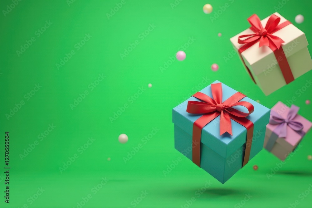Fototapeta premium Floating gift boxes with ribbons, celebratory green backdrop, visual, summer