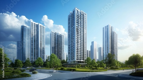 Modern Architecture Against A Bright, Sunny Sky With Lush Green Parks. Serene Urban Landscape.
