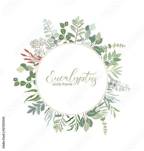 Beautiful vector circle frame with green leaves of eucalyptus. Suitable for wedding invitations, banner, postcards, posters design. Flat vector colorful illustration isolated