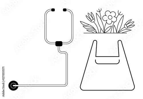 Minimalist black and white illustration of a roller cart and a reusable shopping bag filled with flowers. Ideal for sustainability, green living, eco-friendly practices, shopping efficiency