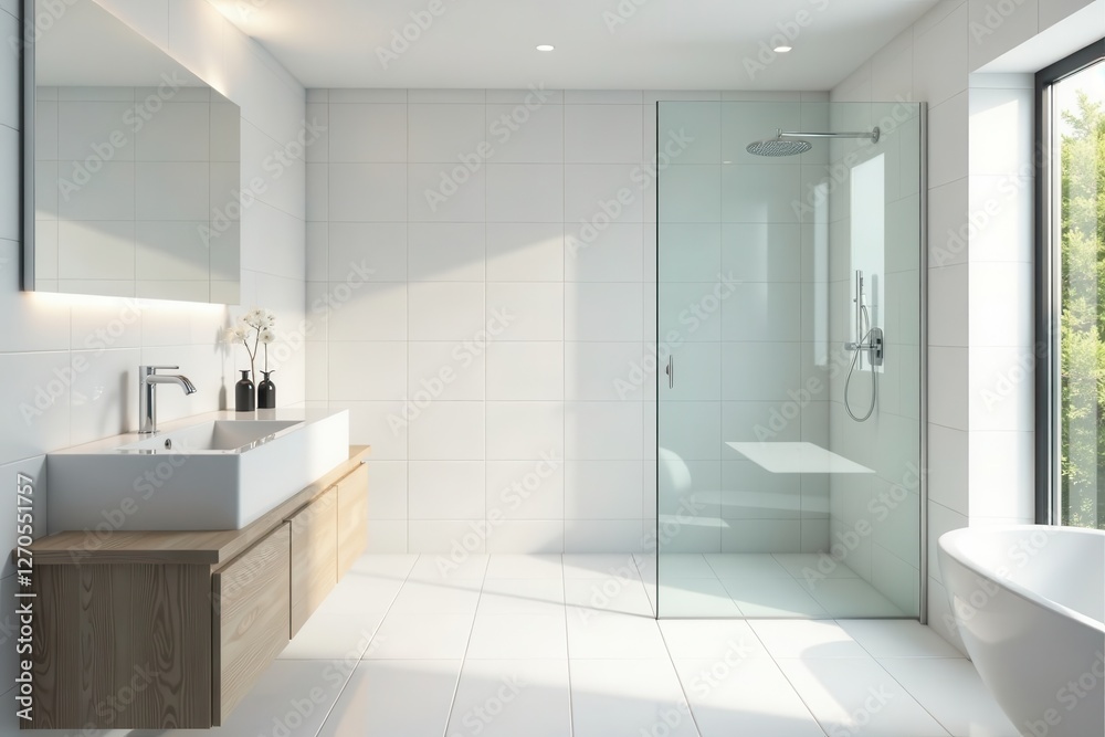Sleek white tile bathroom, frameless glass shower, chrome fixtures , bathroom interior, elegant Sleek white tile bathroom, frameless glass shower, chrome fixtures , bathroom interior, elegant