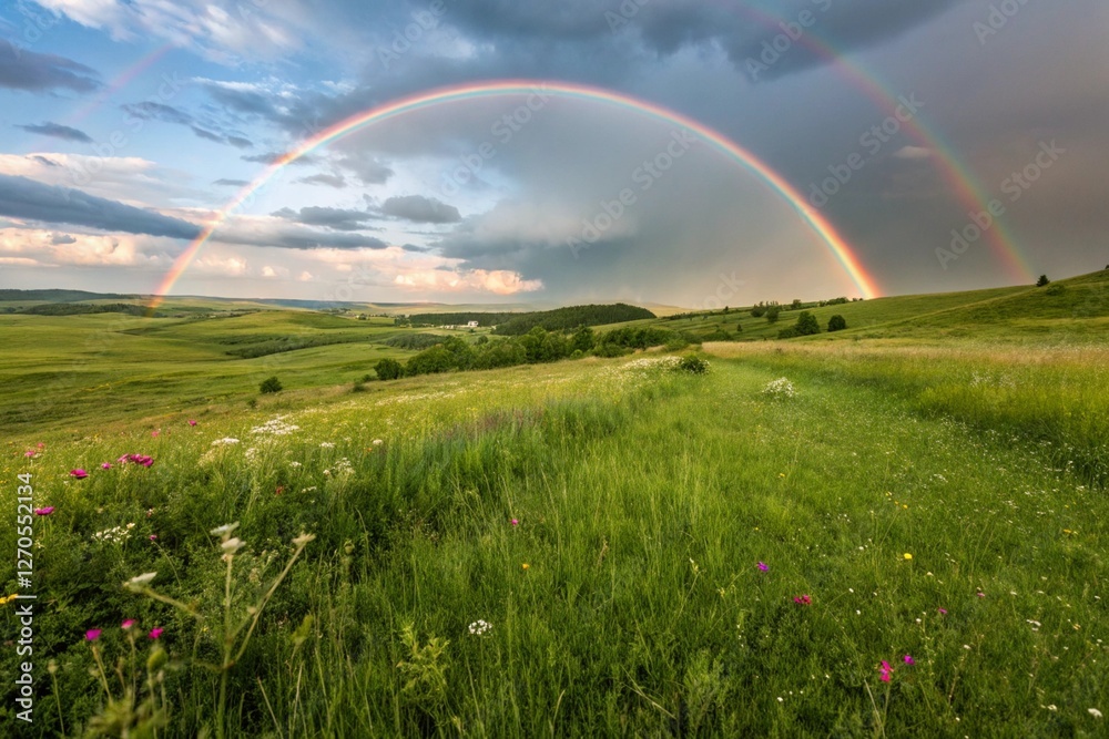 Naklejka premium Behold mesmerizing spectacle of a resplendent rainbow gracefully curving across a plentiful meadow, its vibrant hues evoking a sense of optimism and enchantment, a truly wondrous masterpiece crafted 