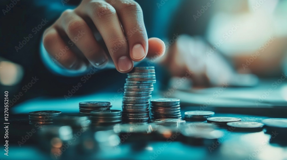 Solitary Hand Stacking Coins in a Financial Management Concept Solitary Hand Stacking Coins in a Financial Management Concept