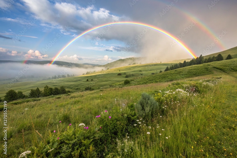 Naklejka premium Behold mesmerizing spectacle of a resplendent rainbow gracefully curving across a plentiful meadow, its vibrant hues evoking a sense of optimism and enchantment, a truly wondrous masterpiece crafted 