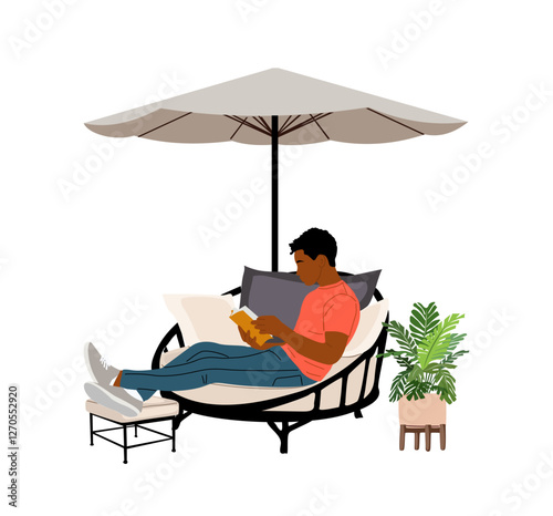 Young black man lying on day bed in patio, garden lounge zone with outdoor furniture, potted plant, umbrella, resting and reading book. Vector illustration isolated