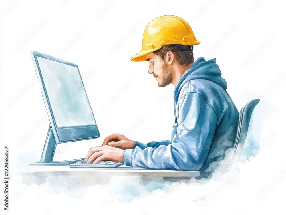 Construction manager in hard hat using laptop at construction site for project management Construction manager in hard hat using laptop at construction site for project management
