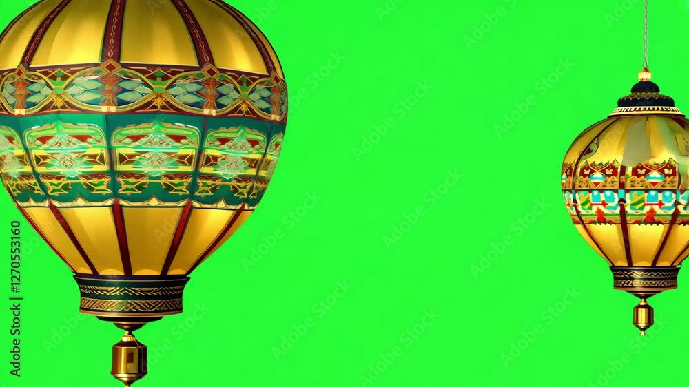Two gold and green balloons with a green background. The balloons are hanging from the ceiling. The balloons are colorful and have a whimsical, playful feel to them