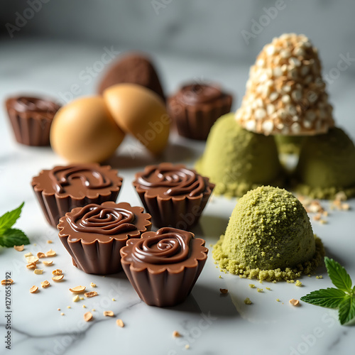 A keto fat bomb display with smooth peanut butter chocolate cups, coconut fat bombs, and matcha-flavored ones, arranged on a marble countertop