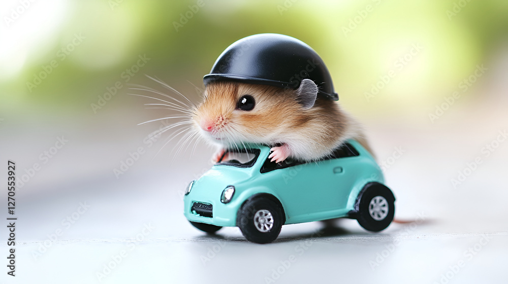 Fototapeta Adorable Hamster in Tiny Car Wearing Helmet Fun Stock Photo for Blogs Websites and Social Media