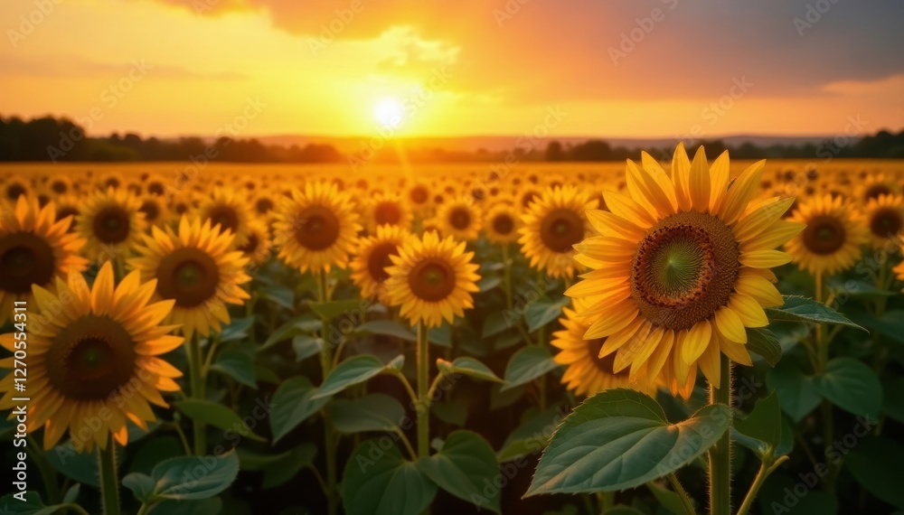 Fototapeta premium Golden hour sunset bathes vast sunflower field in warm light , photography, sunset